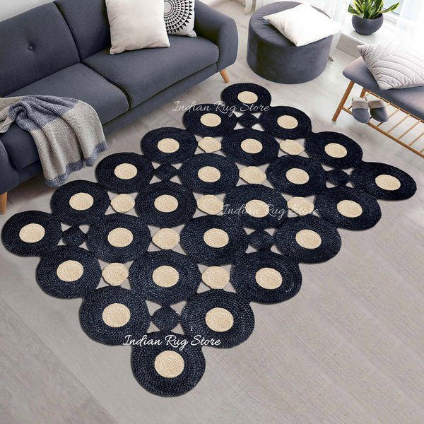 Hand Braided Geometric Black Beige Home Decor Jute Rug - Image 2