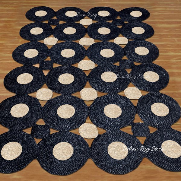 Hand Braided Geometric Black Beige Home Decor Jute Rug - Image 3