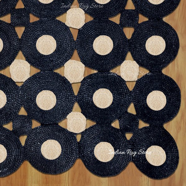 Hand Braided Geometric Black Beige Home Decor Jute Rug - Image 6