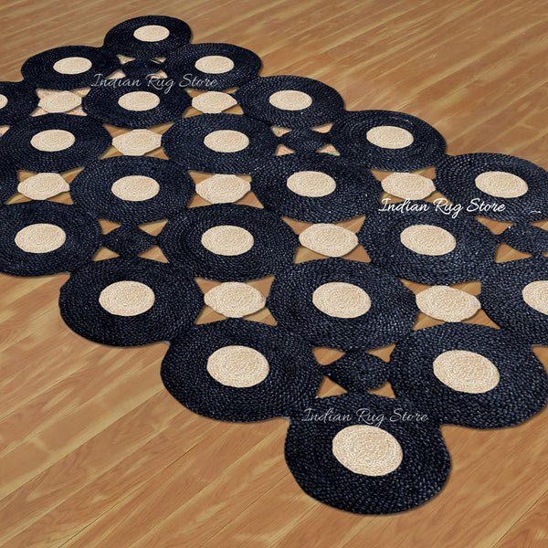Hand Braided Geometric Black Beige Home Decor Jute Rug - Image 4