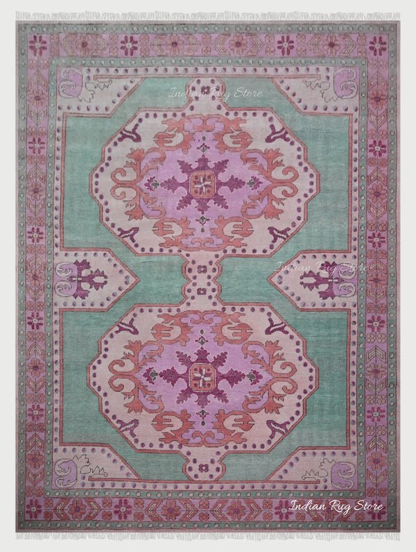Green and Pink Hand Knotted Wool Living Room Area Rug