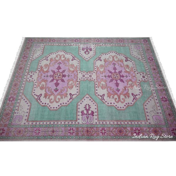 Green and Pink Hand Knotted Wool Living Room Area Rug - Image 3